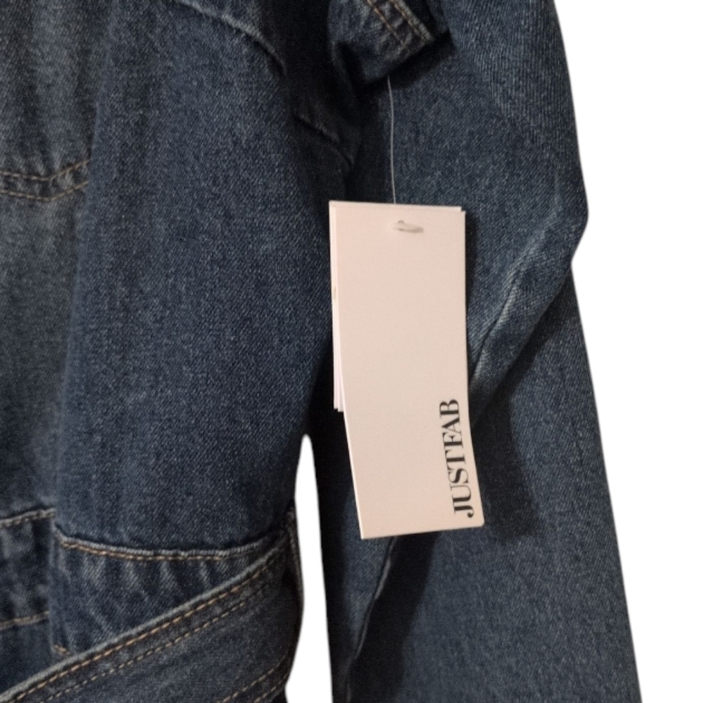 JUST FAB DARK WASH BELTED BUTTON UP DENIM JACKET DRESS - Picture 9 of 11